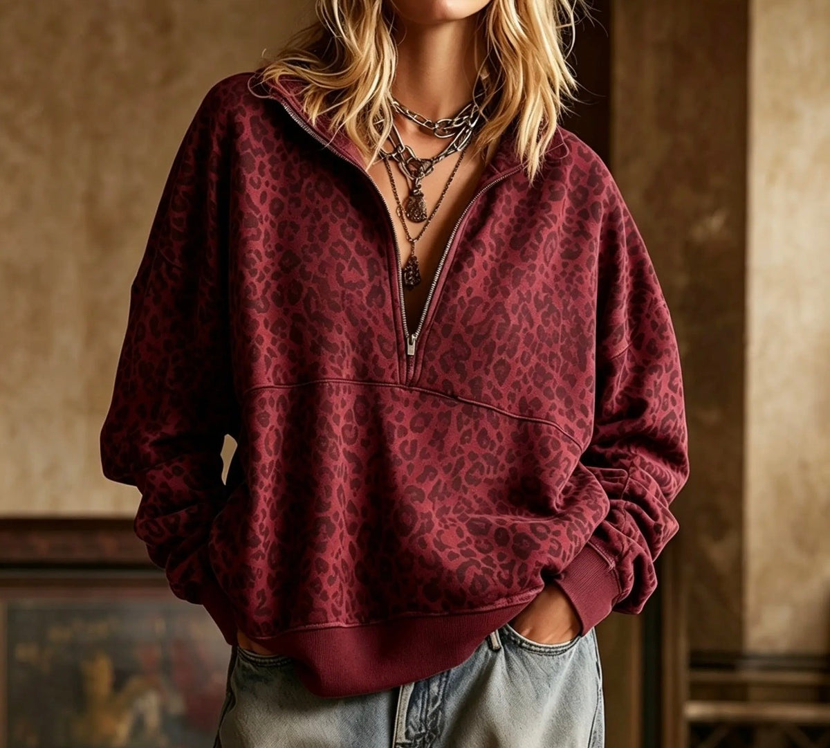 **10/3-10/15 ETA** 1/2 Zip Leopard Oversized Sweatshirt